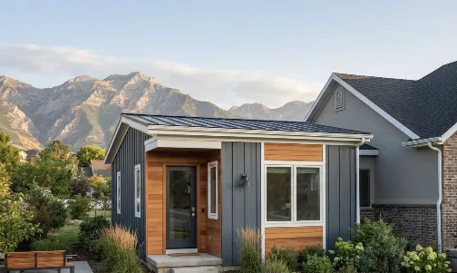 Attached addition with its own entrance beside a home, mountains behind