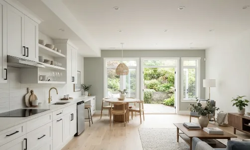 Finished basement apartment with a white kitchen and living area