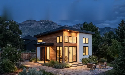 Modern detached backyard cottage lit at dusk with mountains behind
