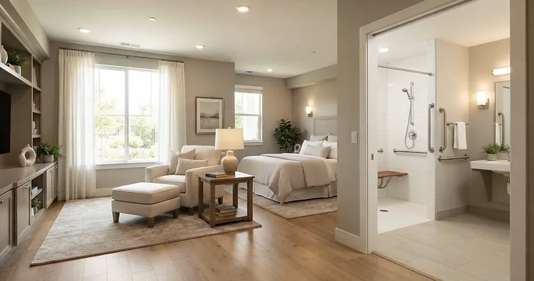 Accessible suite with a sitting area and a walk-in shower