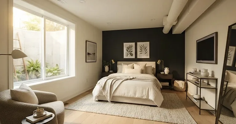 Bright basement bedroom with a large egress window