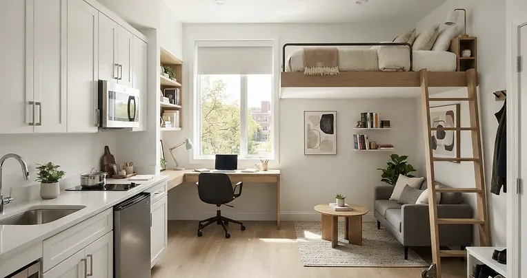 Compact studio with a kitchenette, desk, and loft bed
